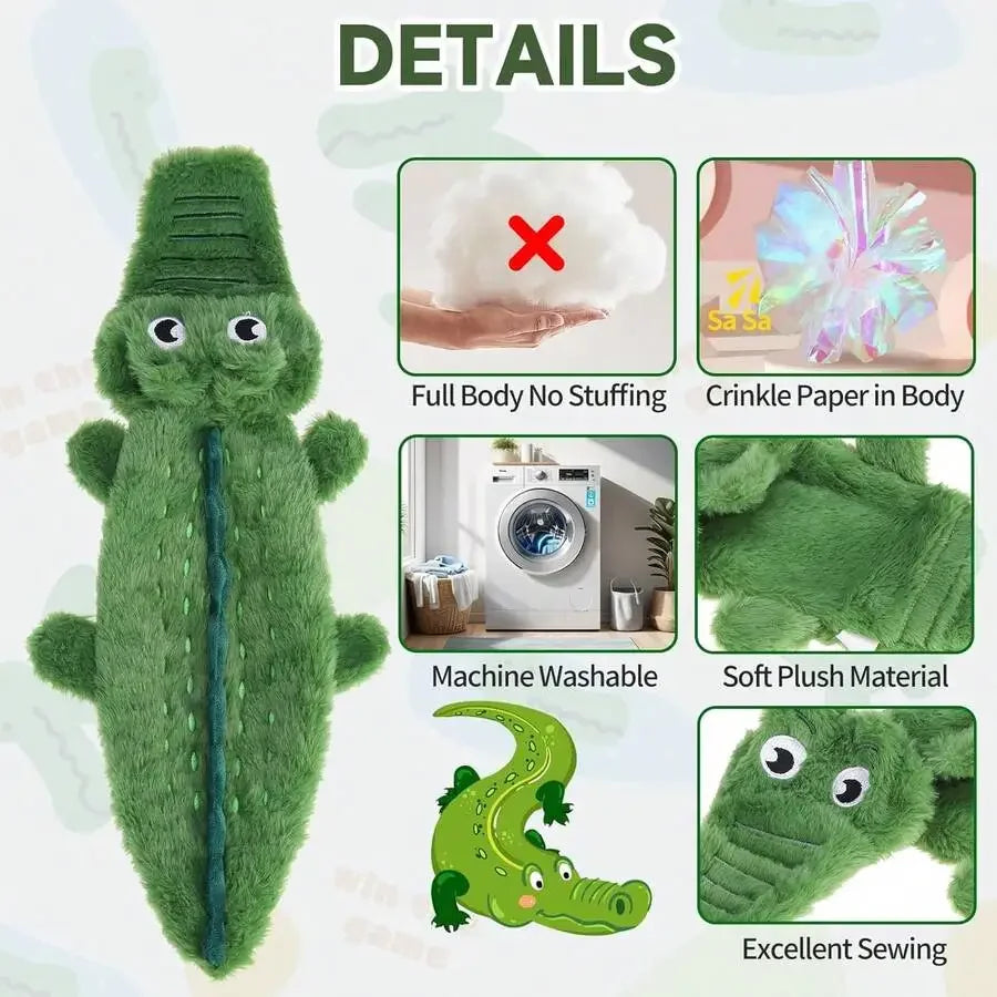 No Stuffing Crinkle Crocodile Dog Toy Machine Washable Soft Plush Chew Squeak Toy For Adult Dogs